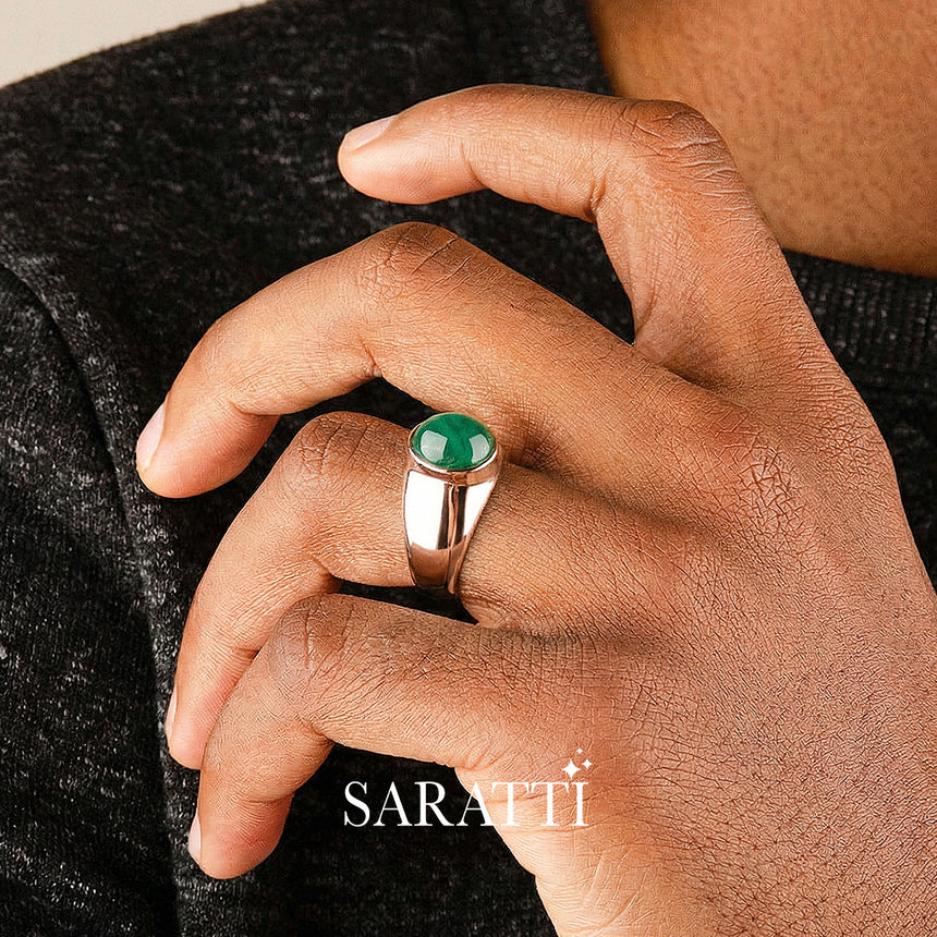 Mens emerald ring oval cabochon worn on hand in 18K rose gold | SARATTI
