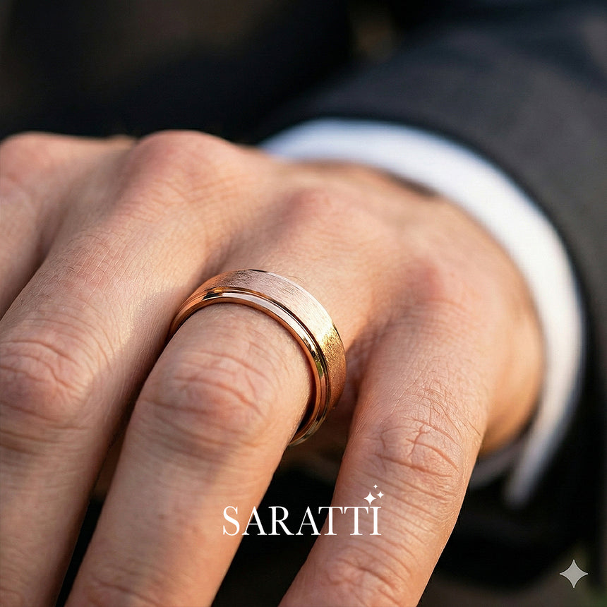 Two tone mens wedding band worn on hand in 18K rose gold | SARATTI