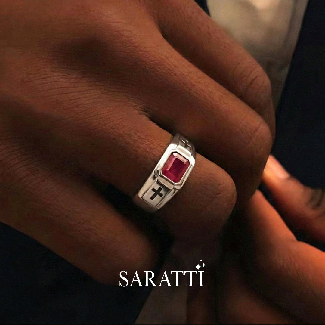 Men’s ruby cross signet band dominion design 18k white gold ruby center | SARATTI