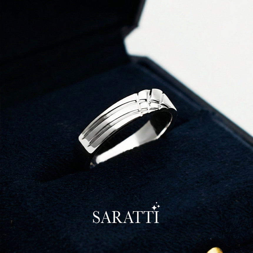 Mens comfort fit wedding band crosshatch pattern design detail in 18K white gold | SARATTI