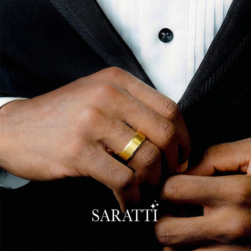 8mm mens wedding band worn on hand in 18K yellow gold | SARATTI