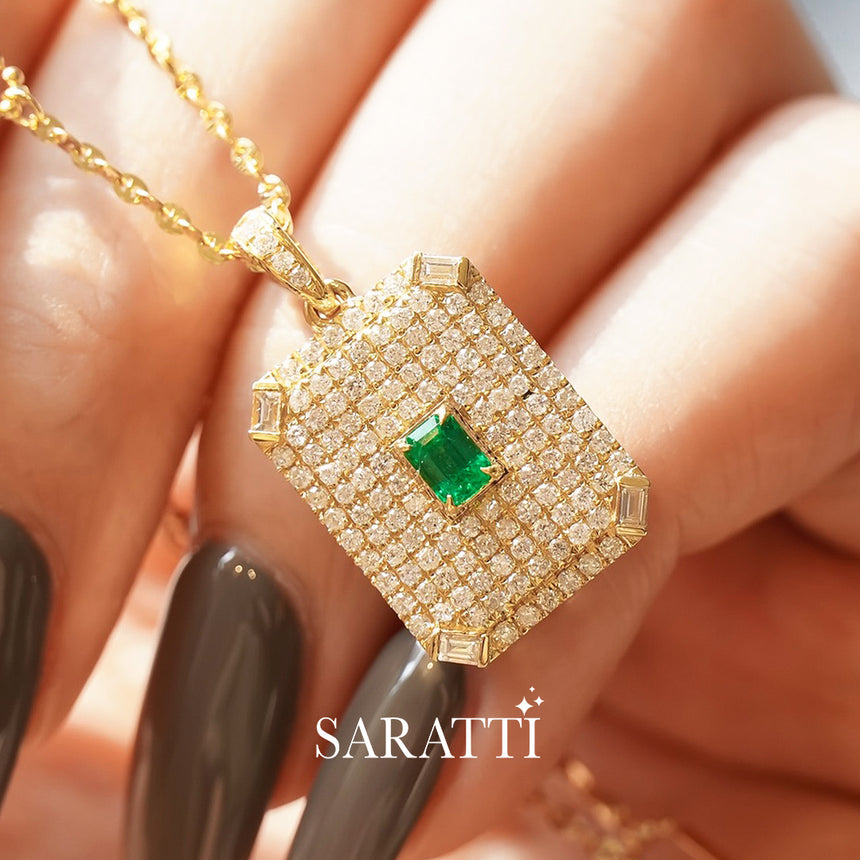 Natural emerald pendant with pavé diamonds and geometric pavilion design | SARATTI