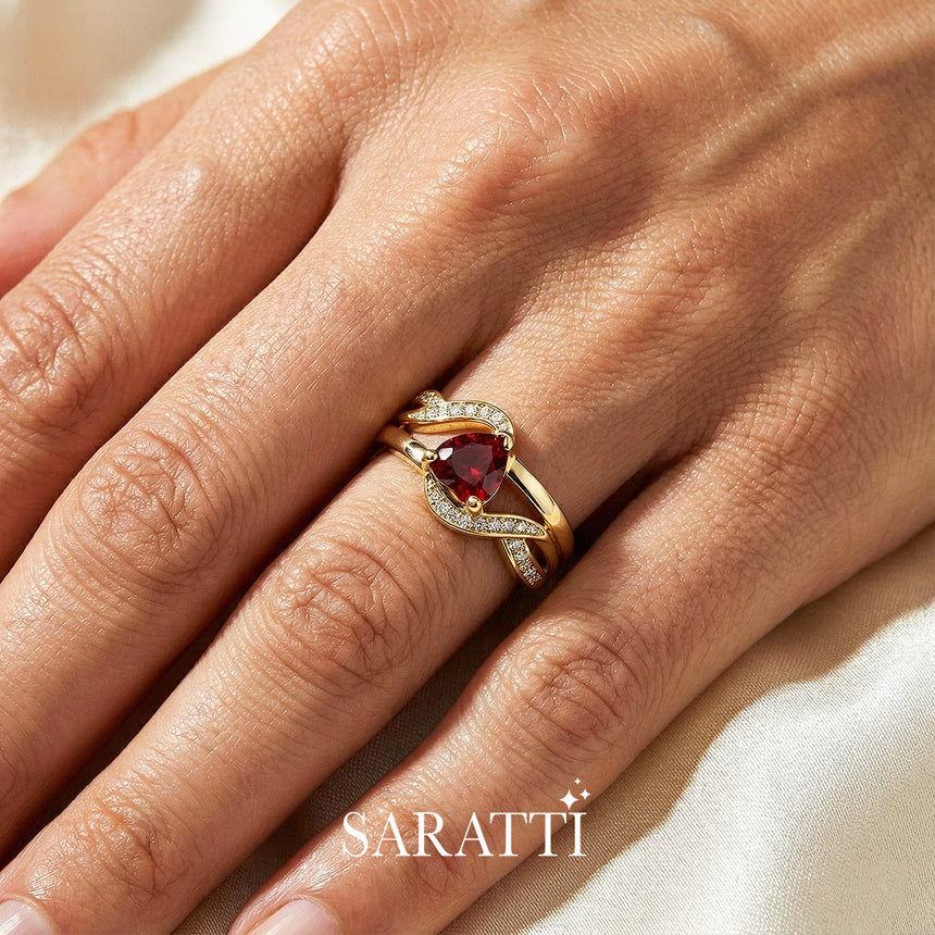 Amore Granato garnet ring worn on hand luxury handcrafted ring in 18K yellow gold | SARATTI