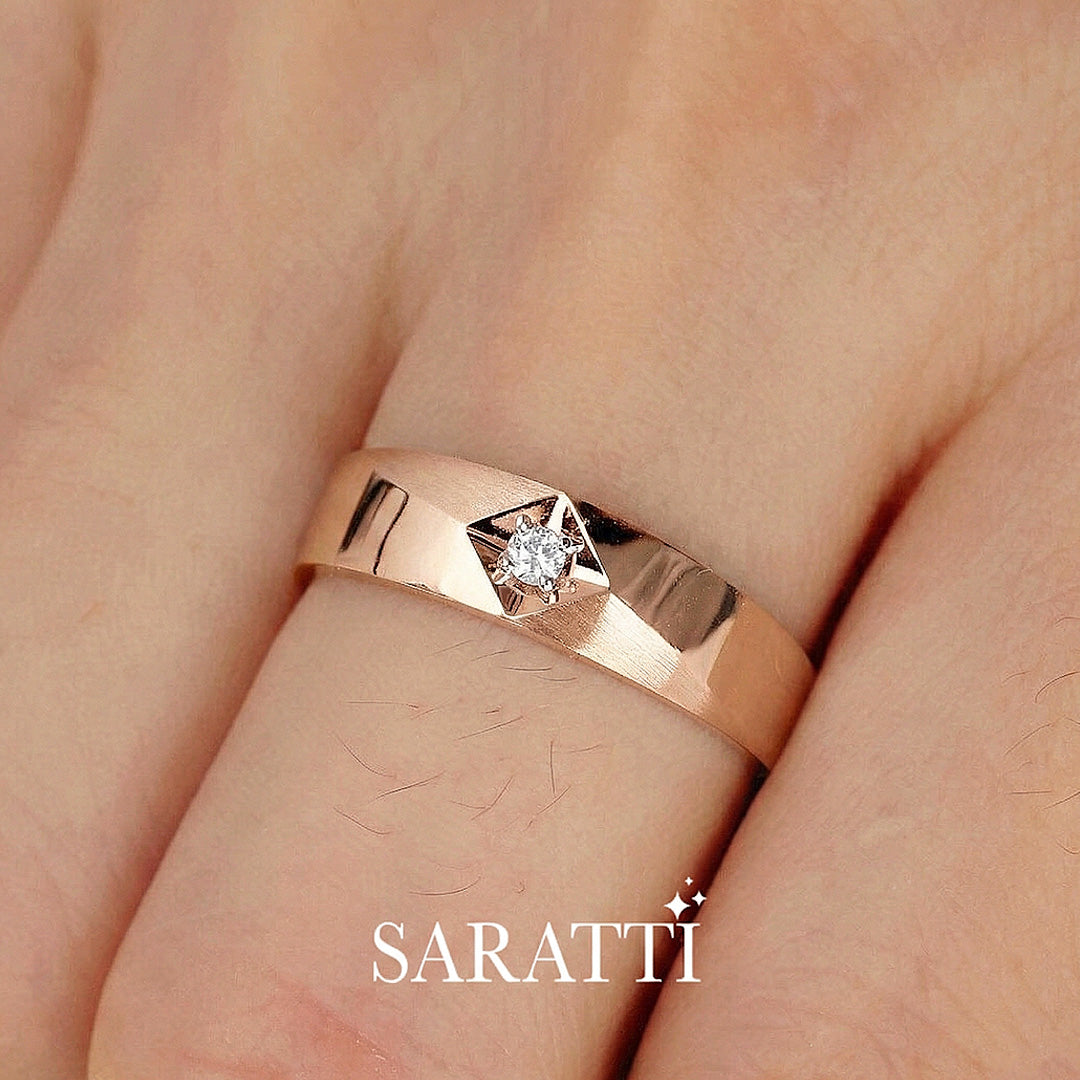 Kite motif design detail of Cometa solitaire diamond ring in 18K rose gold | SARATTI