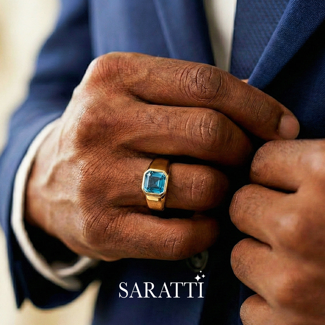 Mens blue topaz ring Asscher cut center stone detail in 18K yellow gold | SARATTI