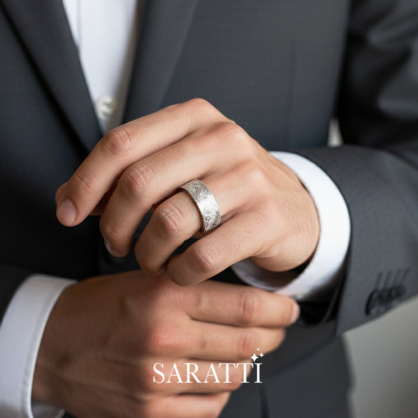 Two Tone mens wedding band engraved craftsmanship detail in 18K white gold | SARATTI