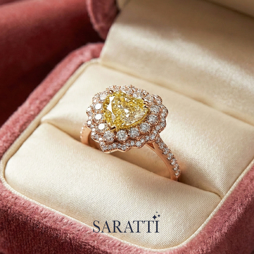 Vintage Yellow Diamond engagement ring handcrafted ring in 18K rose gold | SARATTI