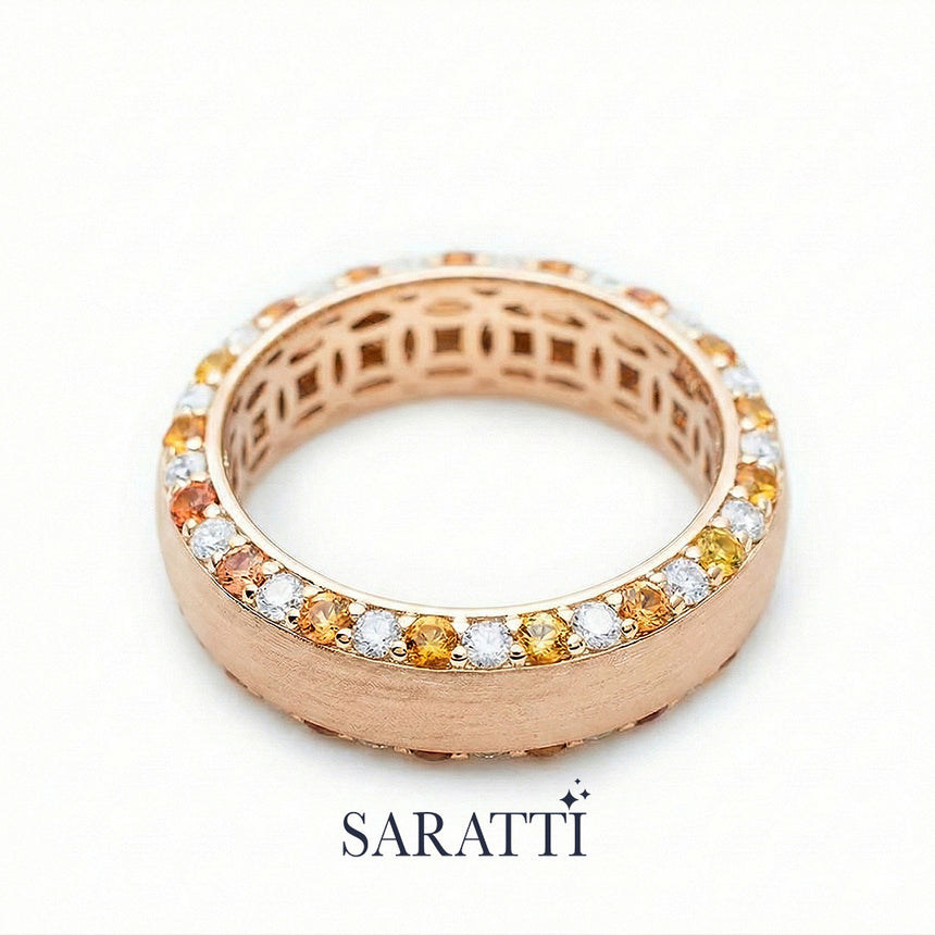 Mens sapphire wedding band orange sapphire and diamond edge detail in 18K rose gold | SARATTI