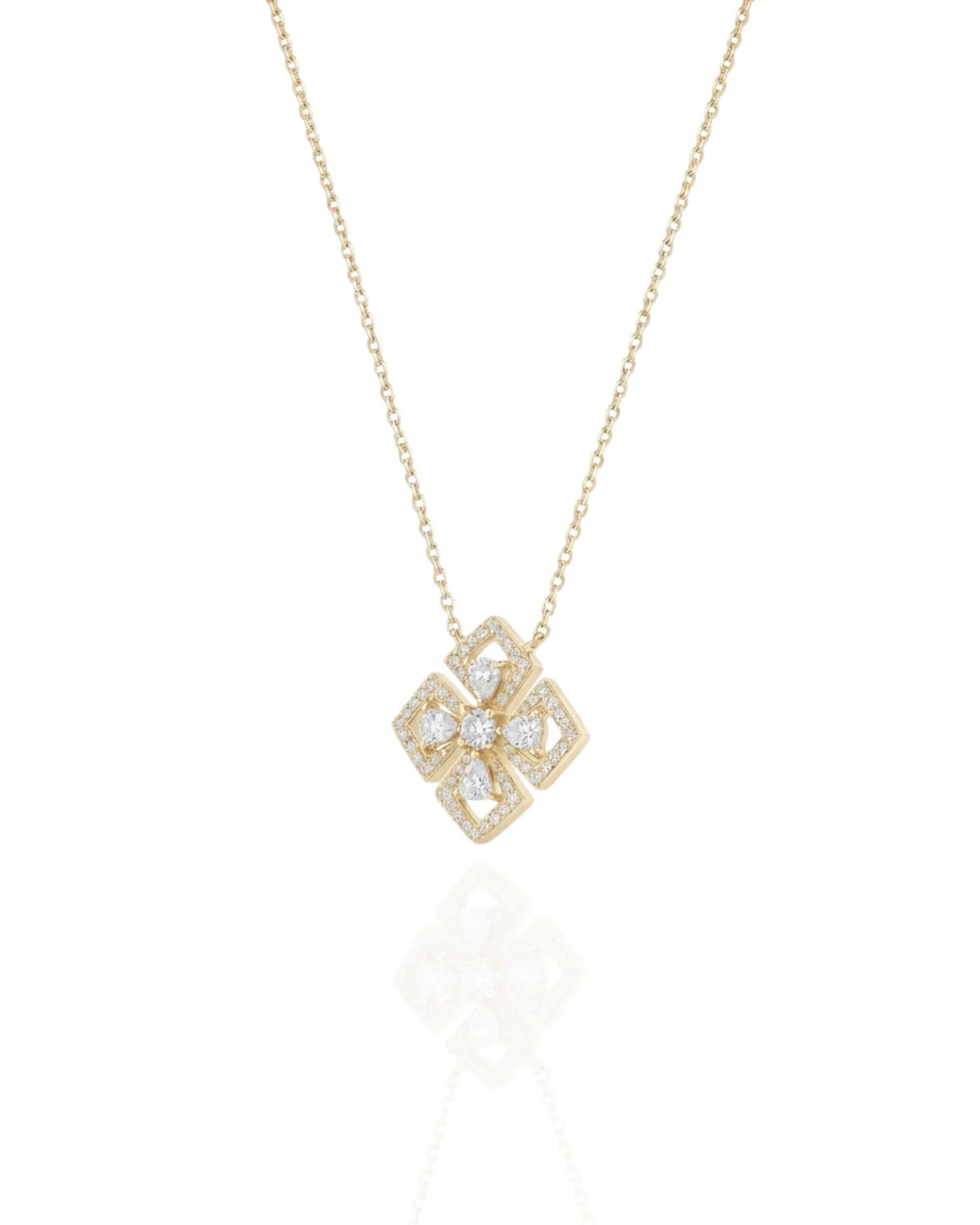 Geometric floral pendant necklace in 18K Yellow Gold with diamond details | SARATTI