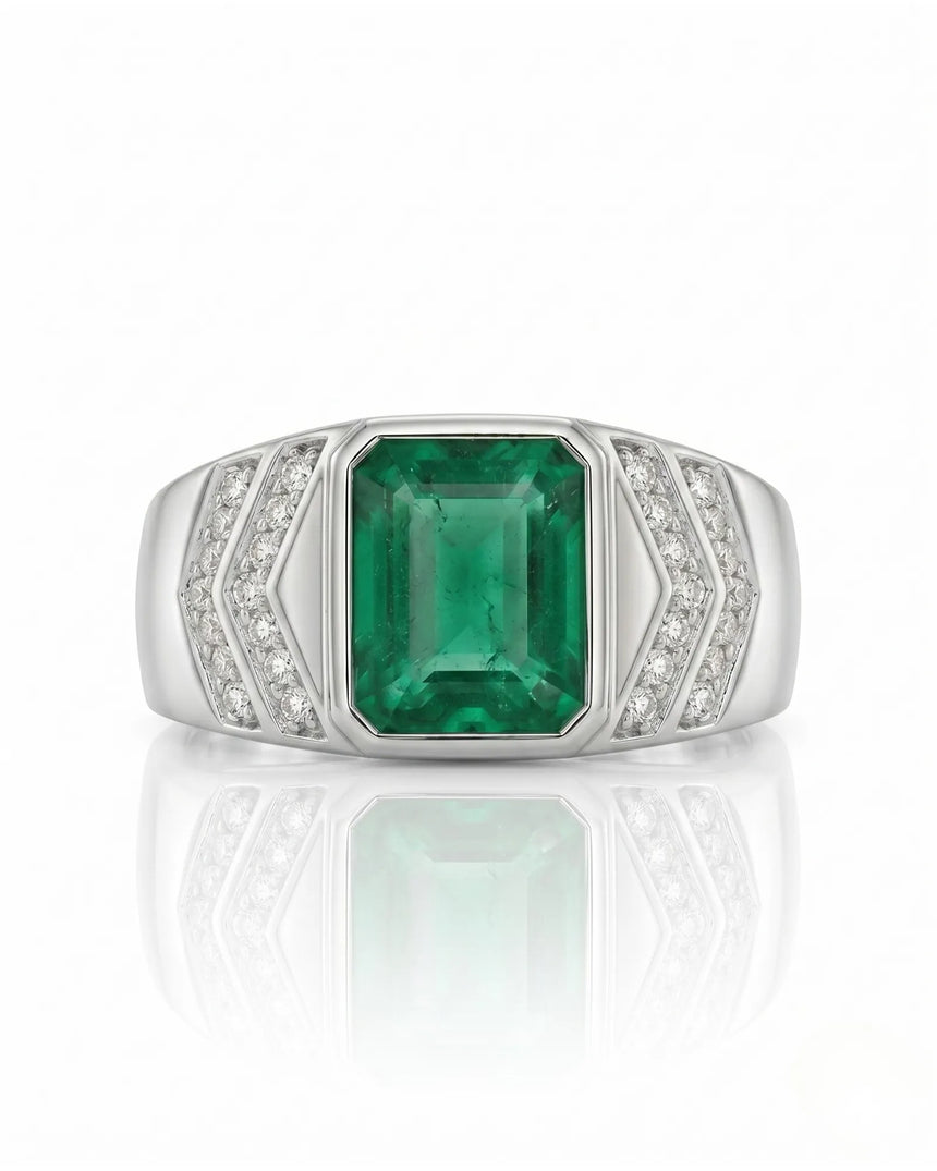 Geometric men’s emerald ring with angular diamond accents and polished white gold shield design | SARATTI