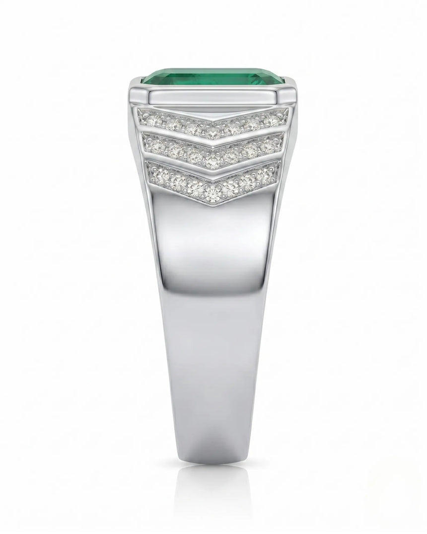 Geometric men’s emerald ring with angular diamond accents and refined 925 Sterling Silver shield design - SARATTI