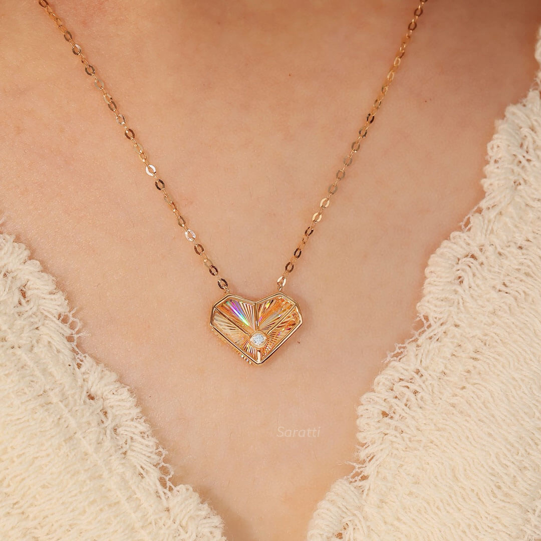 Model wearing 18 K Rose Gold Heart Bezel Set Diamond Necklace | Saratti