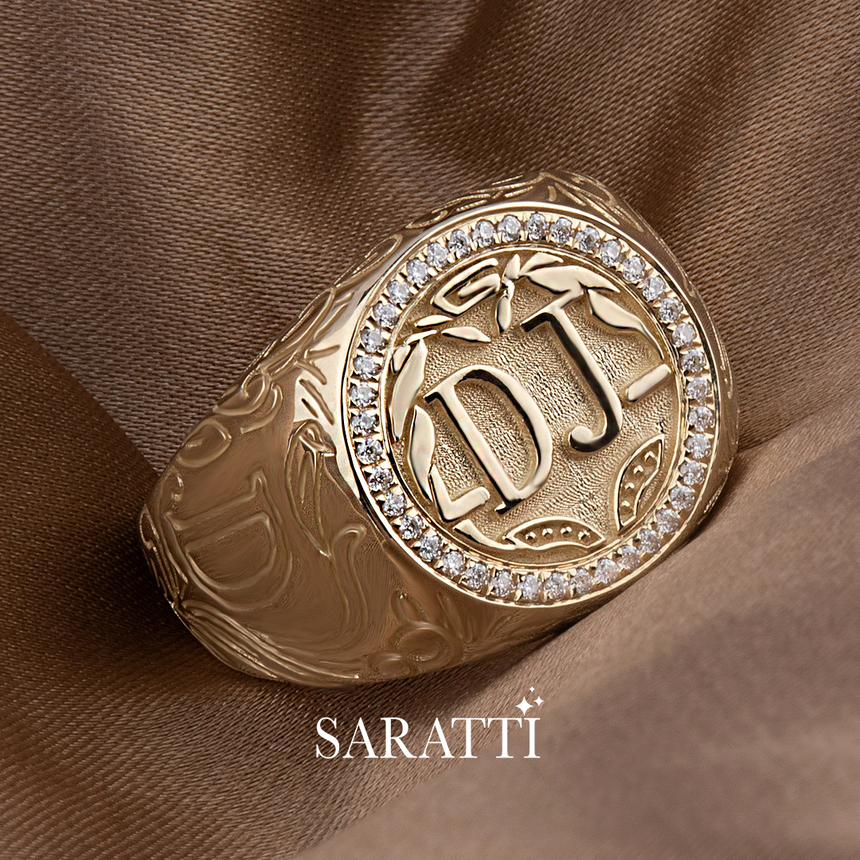 Gold signet ring with custom engraved initials and diamond halo | SARATTI