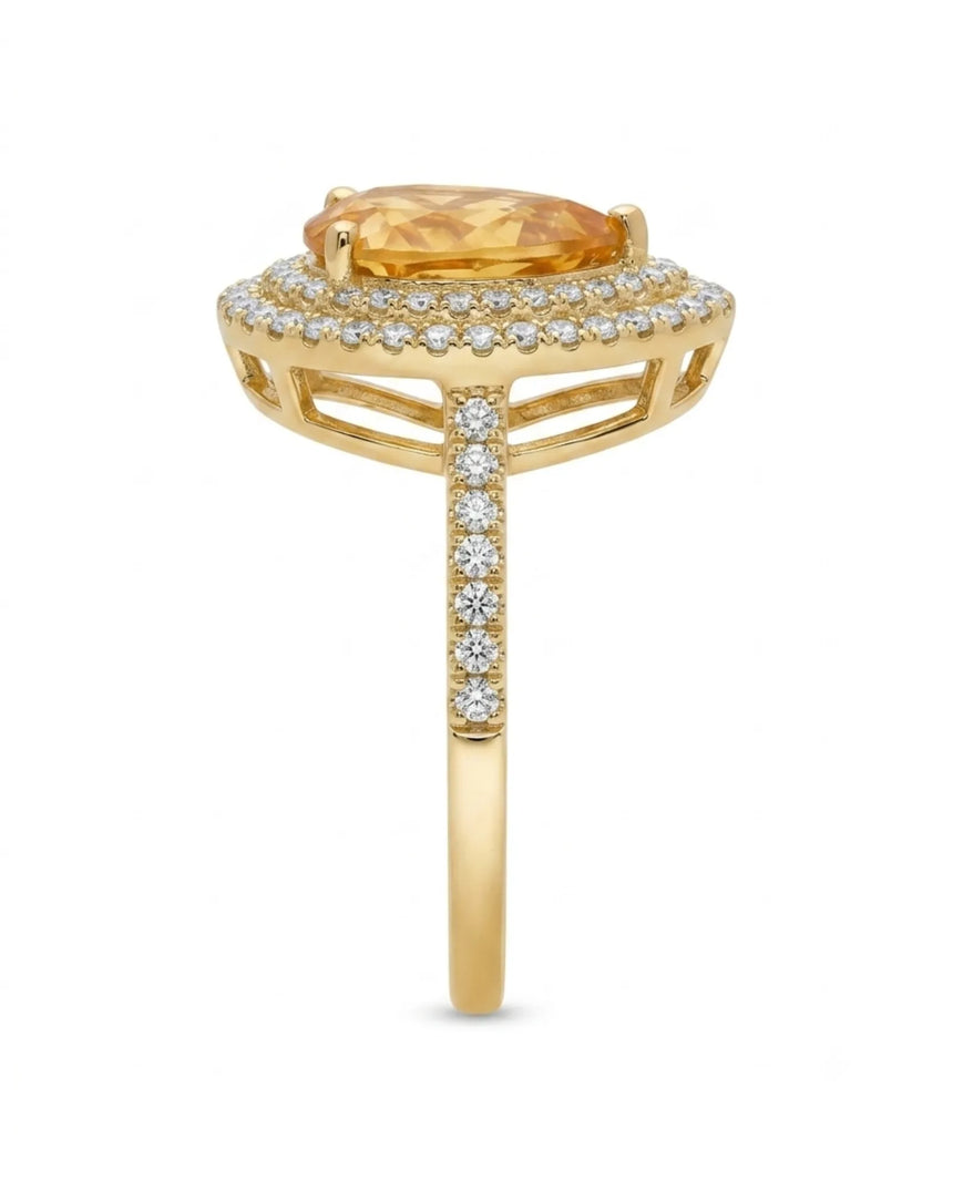 Golden pear-cut citrine surrounded by brilliant diamond halos in a polished 18K yellow gold ring - SARATTI