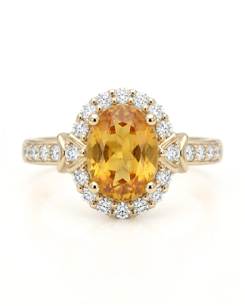 Golden yellow oval sapphire ring with natural diamond accents in 18K yellow gold | SARATTI