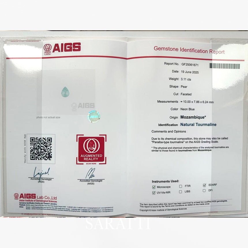 AIGS Certified Neon Blue Tourmaline | SARATTI