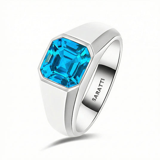 Mens blue topaz ring luxury statement ring in 18K white gold | SARATTI