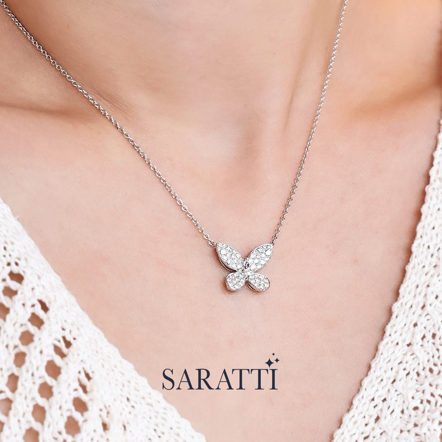 Platinum butterfly necklace detail shot | SARATTI