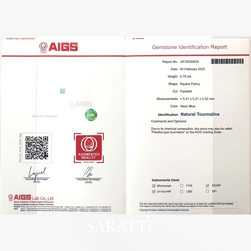 AIGS Certified Neon Blue Tourmaline Stone | SARATTI