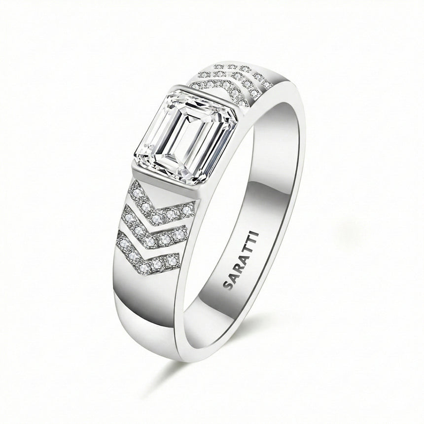 Emerald cut diamond wedding band luxury tension set ring in 18K white gold | SARATTI
