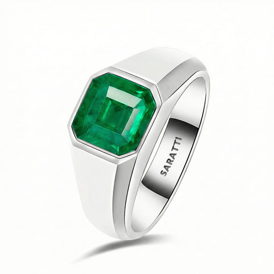 Mens emerald wedding ring luxury gemstone ring in 18K white gold | SARATTI