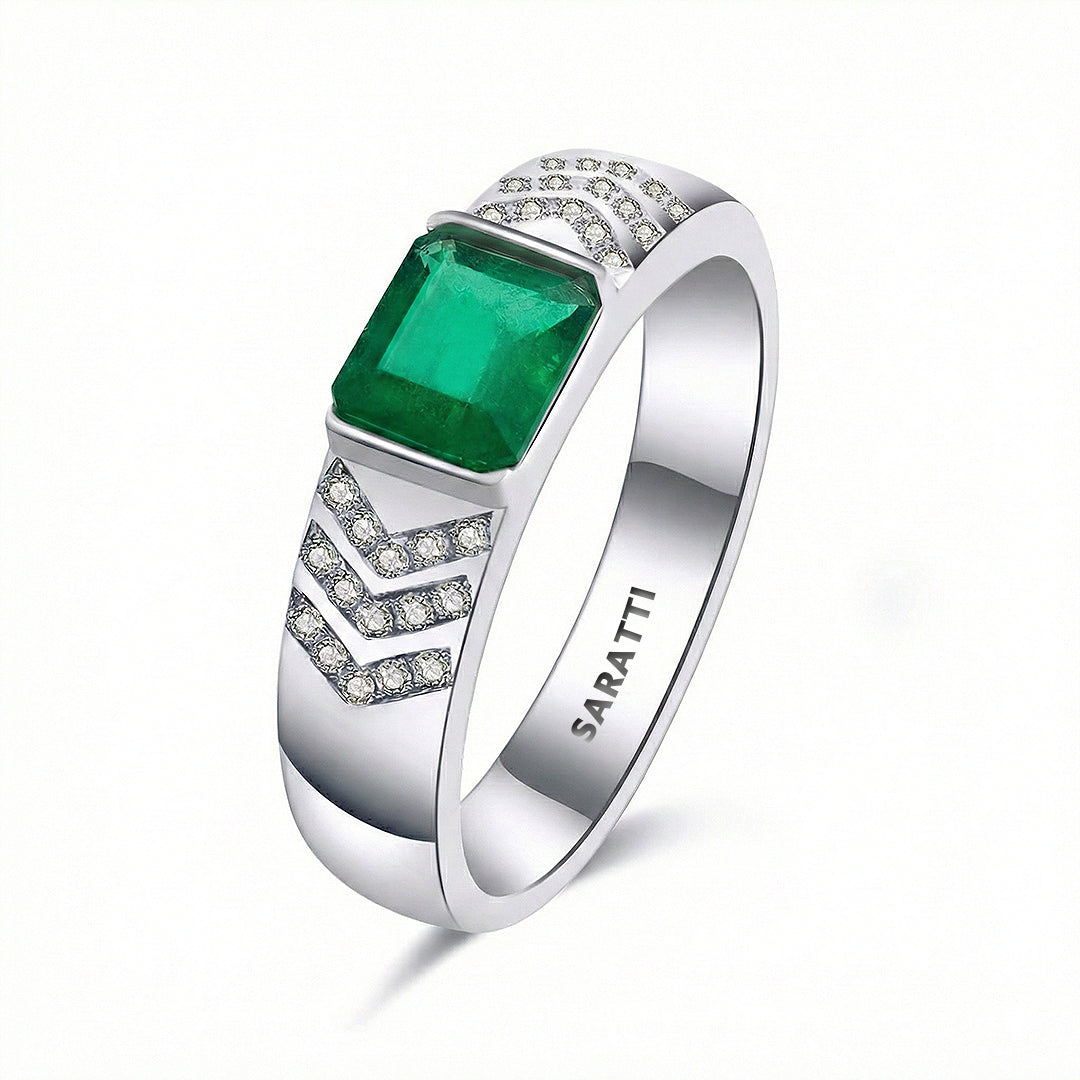 Mens emerald ring luxury gemstone statement ring in 18K white gold | SARATTI