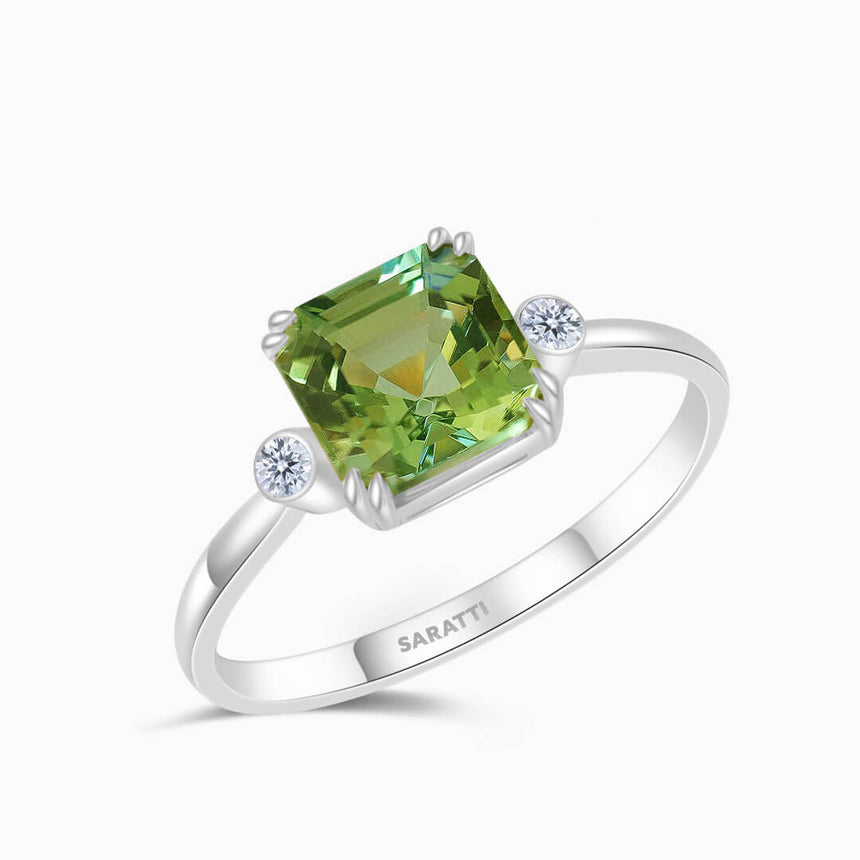 White Gold  Escalera Verde Three Stone Tourmaline and Diamond Ring | Saratti Fine Jewelry