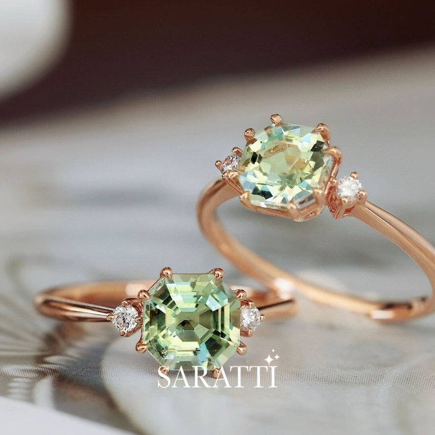 Two Yellow Gold Electric Dreams Three Stone Green Tourmaline Rings side by side | Saratti Fine Jewelry