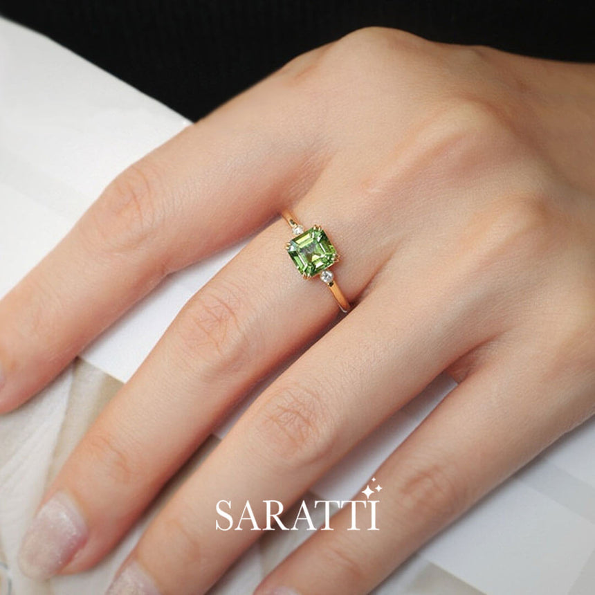 Model wears the Escalera Verde Three Stone Tourmaline and Diamond Ring | Saratti Fine Jewelry