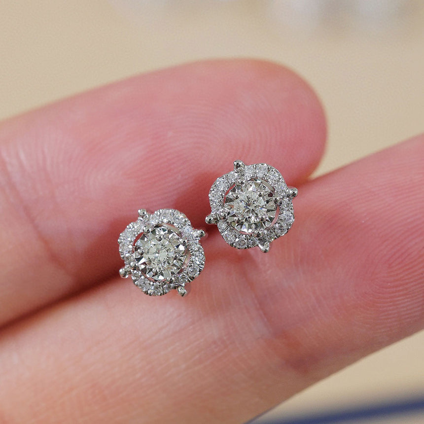 Chic Round Diamond Halo Earring Studs in Model's Fingers  | Saratti | Custom Fine and High Jewelry