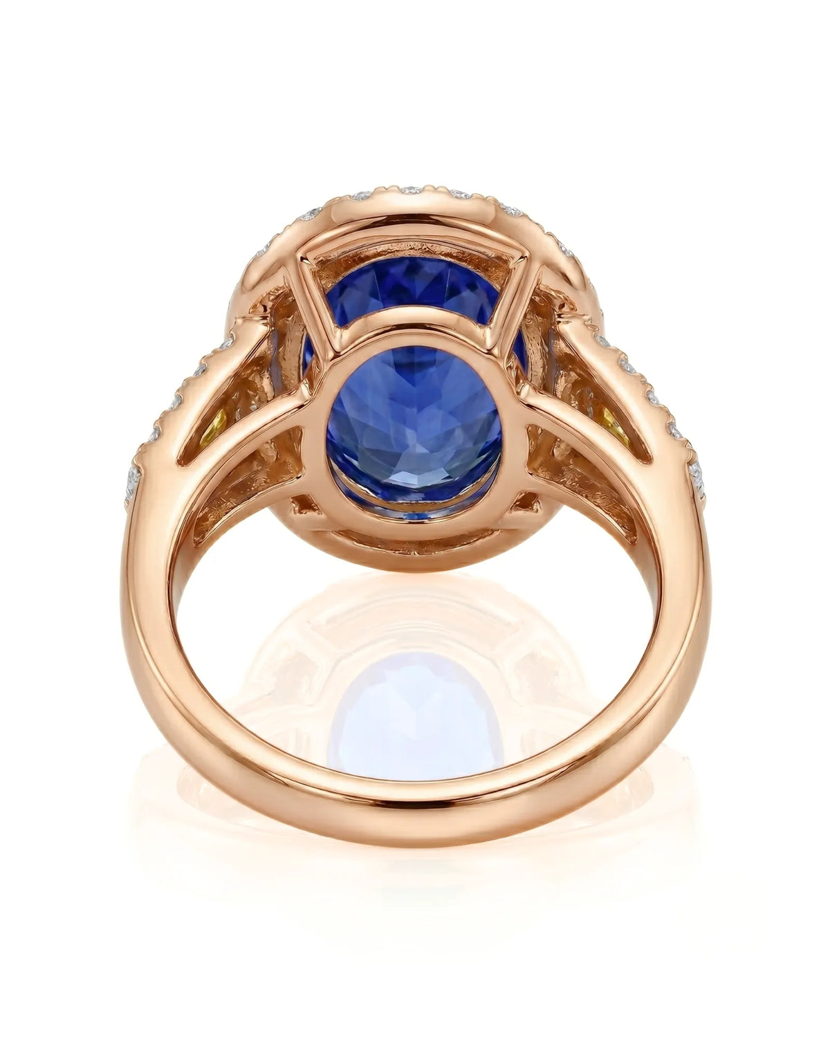 Halo sapphire ring with split shank diamonds and fancy yellow accents in 18K rose gold | SARATTI