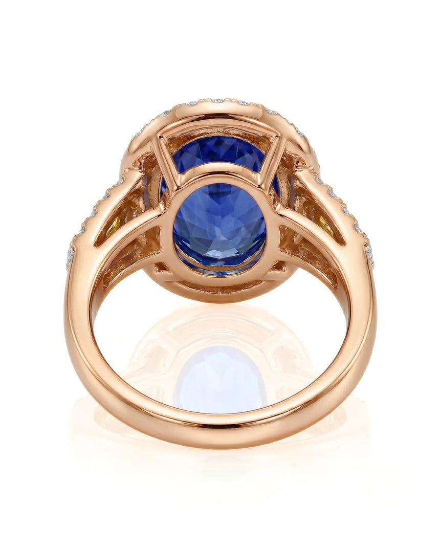 Halo sapphire ring with split shank diamonds and fancy yellow accents in 18K rose gold | SARATTI