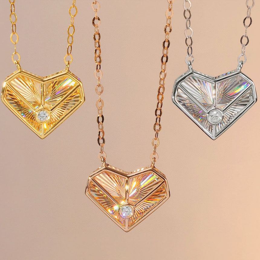 Rose, White and Yellow Gold Heart Bezel Set Diamond Necklace | Saratti