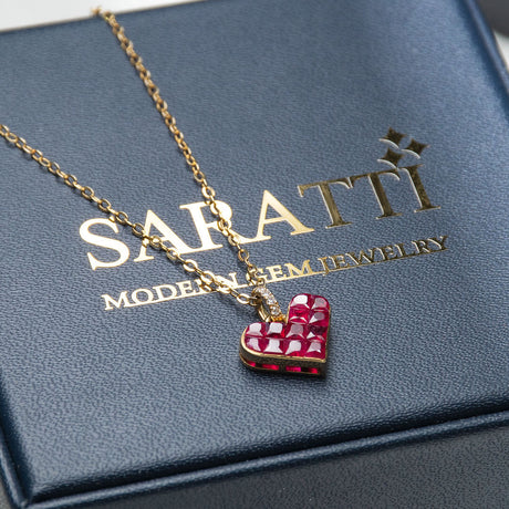 The Bezel Set Alma Rosa Ruby Heart Necklace with Diamonds| Saratti Fine Jewelry