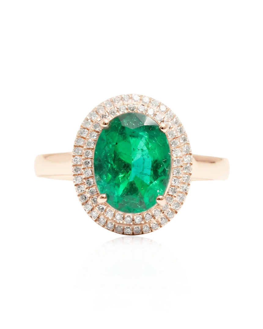 Heirloom style natural emerald and diamond ring in 18K rose gold | SARATTI
