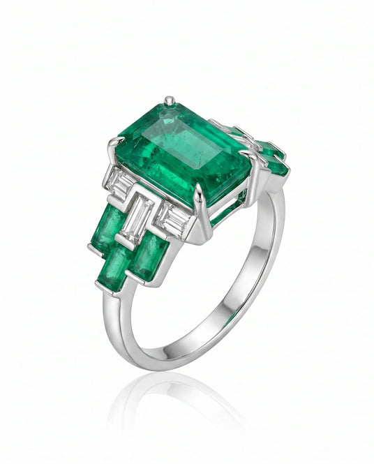 Heritage Emerald Geometric Promise Ring in 18K White Gold with natural emerald and baguette diamond accents | SARATTI