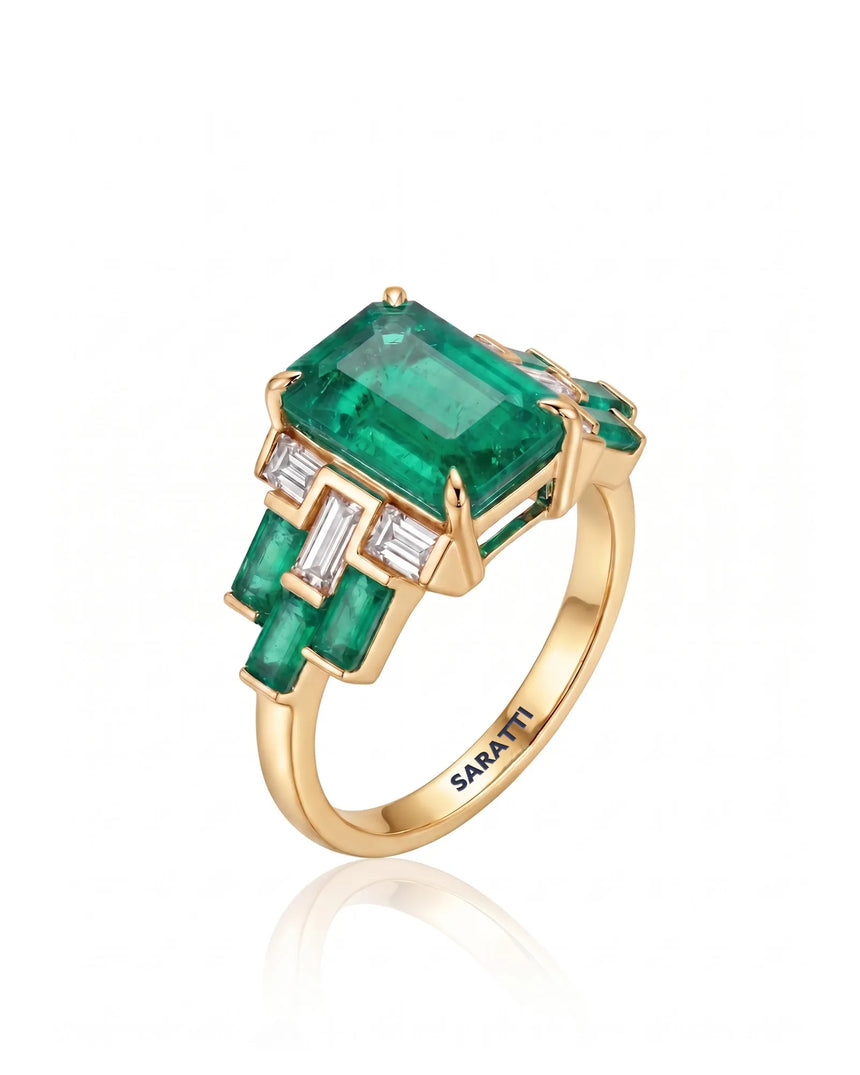Heritage Emerald Geometric Promise Ring in 18K Yellow Gold with natural emerald and baguette diamond accents | SARATTI
