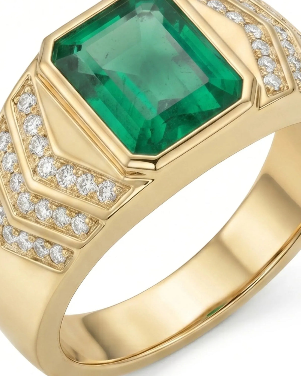High-end men’s emerald ring with pavé diamonds and wide 18K yellow gold band | SARATTI