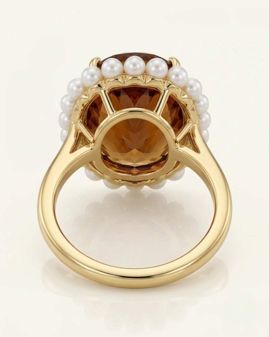 High-jewelry Imperial Topaz statement ring with pearls and rich 18K yellow gold - SARATTI