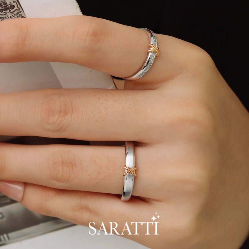 Couples Ring Set Solid White Gold and Rose Gold Wedding Rings Set | Men and Women Design | Saratti