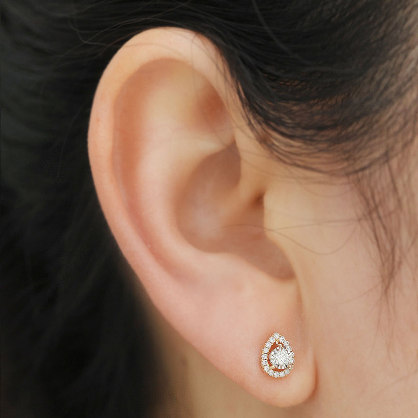 Rose Gold Teardrop Inspired Hollow Diamond Halo Stud Earring on Model | Saratti | Custom High and Fine Jewelry