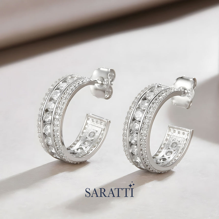 Silver Hoop Earrings with Moissanite in 925 Sterling Silver | Saratti Jewelry