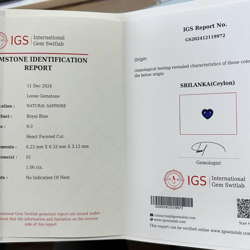 1.06cts Royal Blue Ceylon Heart Sapphire Gemstone | IGS Certified | Unheated