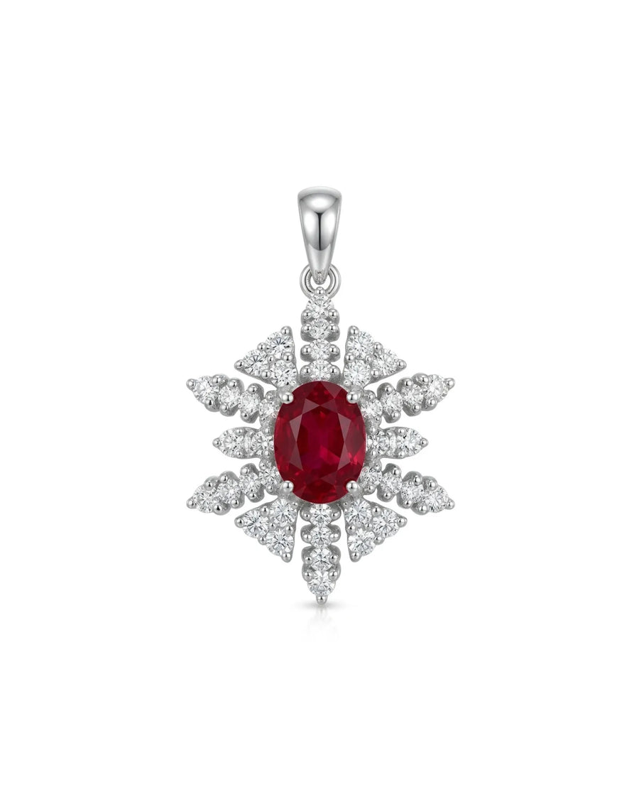 ISADORA snowflake pendant brooch with oval pigeon blood ruby and radiating diamond clusters in 18K gold | SARATTI