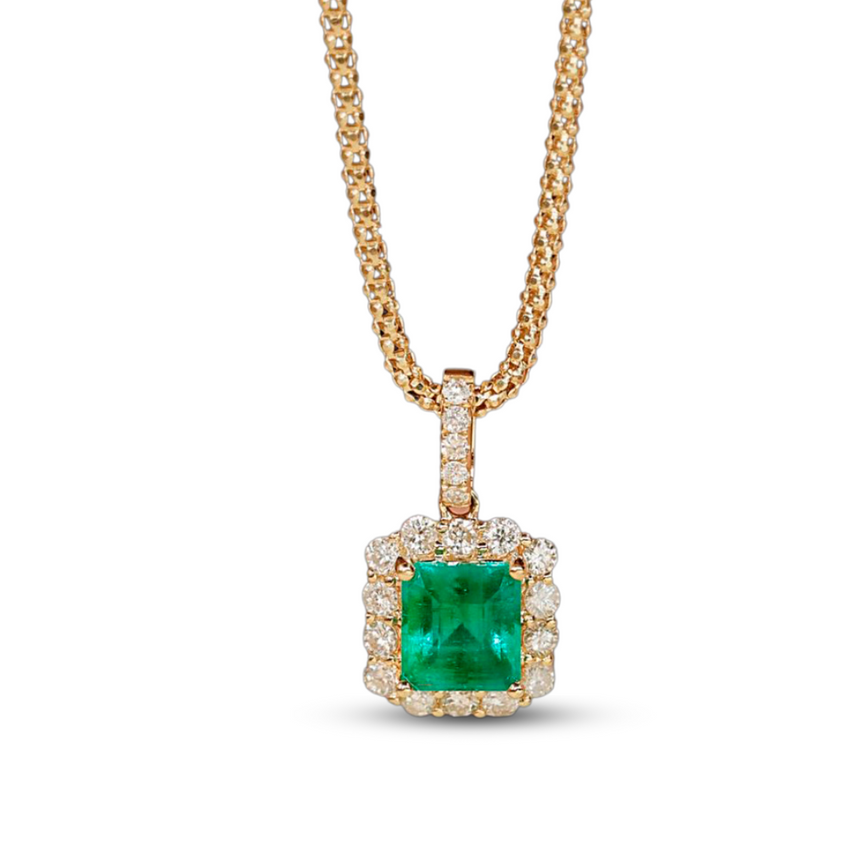Imperial Oasis: Afghan Natural Emerald Diamond Halo Pendant