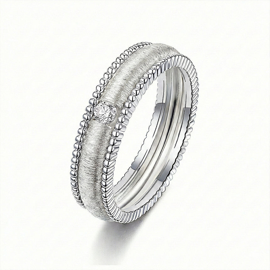 Imperium layered wedding band for men 18k white gold round diamond center milgrain | SARATTI