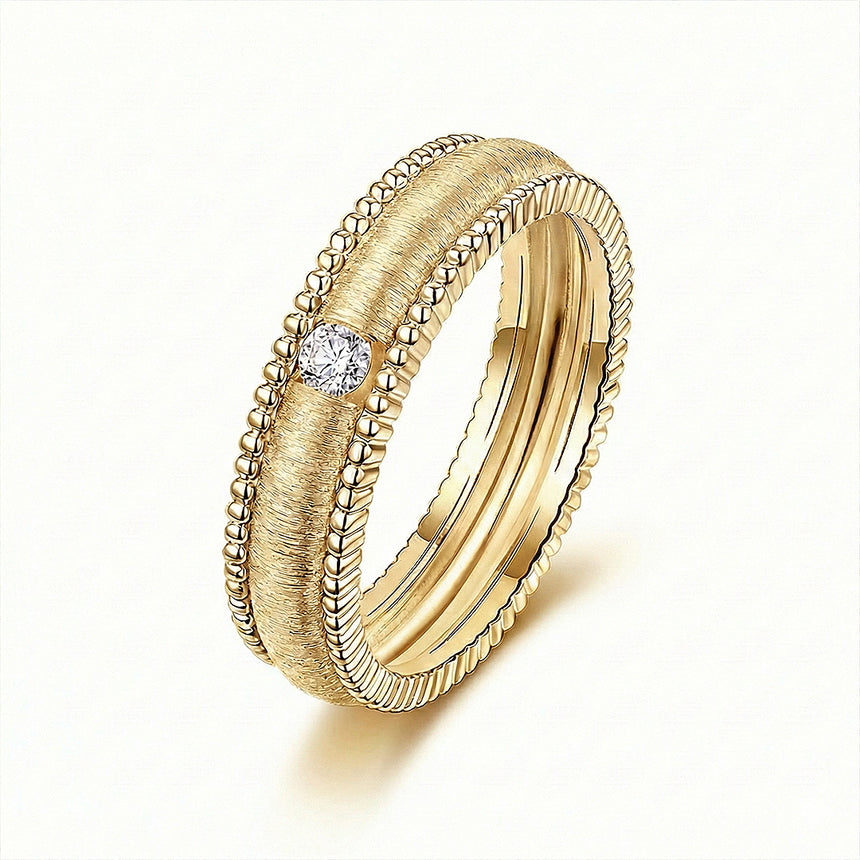Imperium layered wedding band for men 18k yellow gold round diamond center milgrain | SARATTI