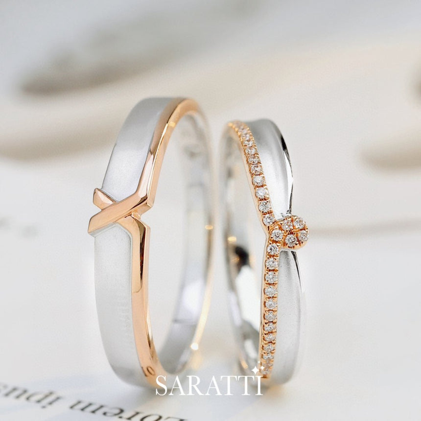 Infinity Diamond Wedding Bands in Two Tone 18K White and Rose Gold Wedding Set | SARATTI