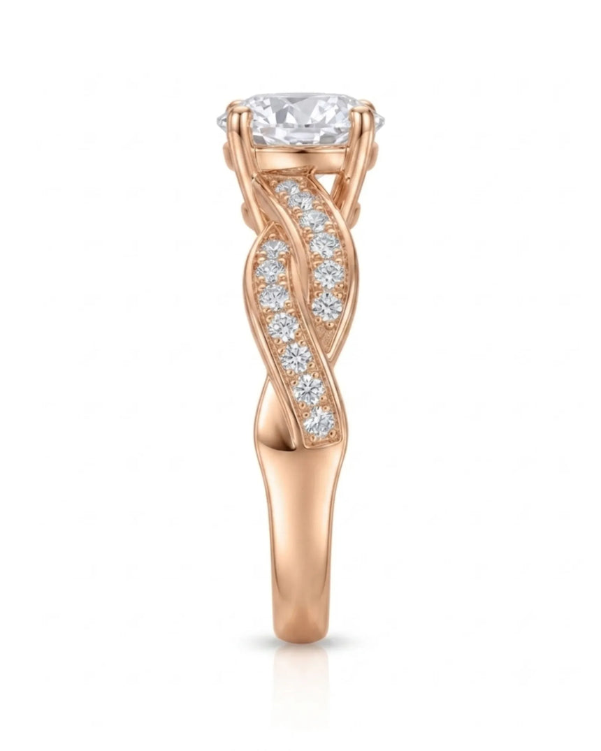 Intertwined moissanite ring with flowing pavé bands and round center stone in 18K rose gold | SARATTI