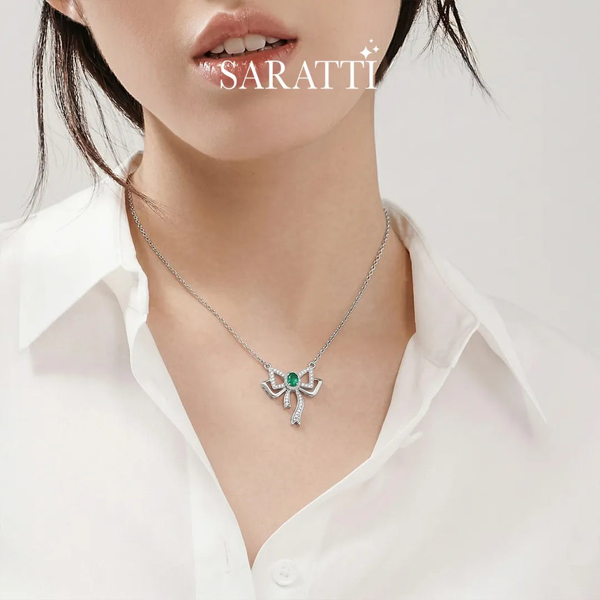Joyous Bow emerald pendant necklace in sterling silver | SARATTI